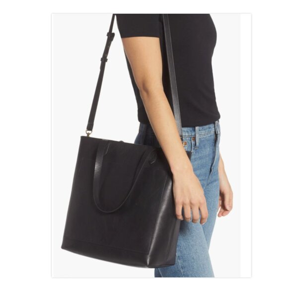 Madewell Medium Transport Tote Black Leather Open Top Shoulder Bag Classic - Picture 2 of 14